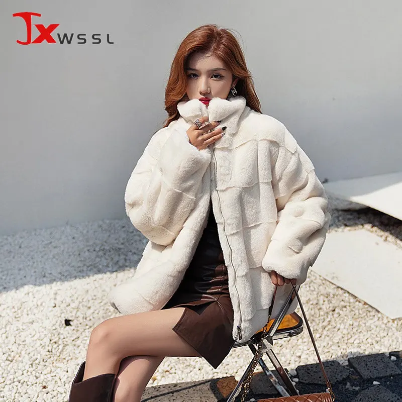 2022 Women's Winter Jacket Oversized Luxury Rex Rabbit Fur Coats Warm Long Sleeve Zipper Plush Jacket Female
