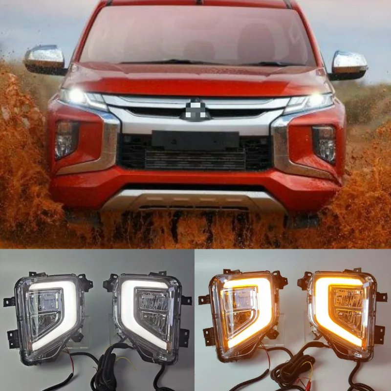 

2PCS For Mitsubishi Triton L200 2019 2020 LED DRL Daytime Running Lights Fog Lamp Cover with Yellow Turn Signal Lamp