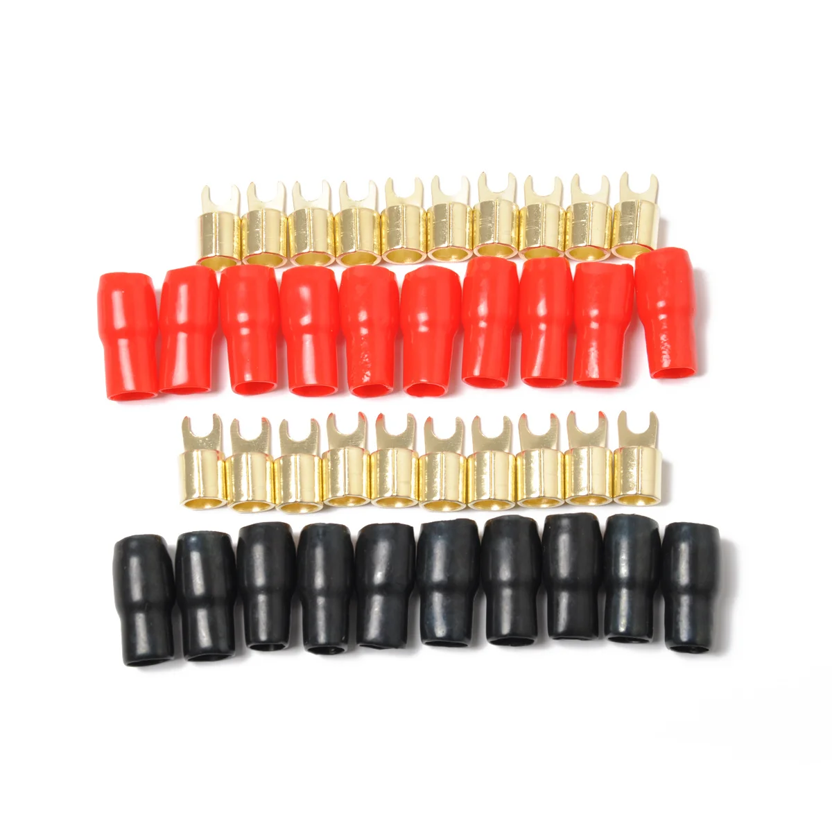 

20 Pack Car Audio Power Ground Wire Fork Terminals Brass 4 Gauge 5/16" Connectors Red and Black Boots