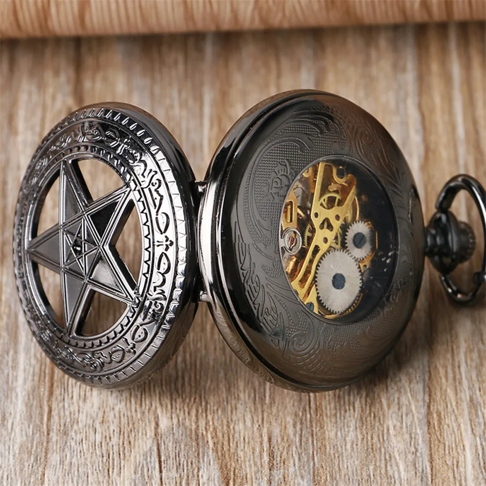 Black Five-pointed Stars Display Mechanical Hand-Wind Pocket Watch Arabic Numerals Dial Pendant Manual Mechanism Pocket Clock