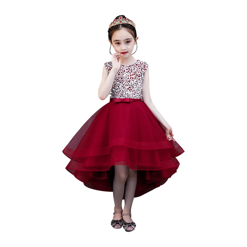 

Sequin Flower Girl Dress HT056 Burgundy High Low Length Little Girls Pageant Dresses Crystal Beading Tulle Floweral Dresses