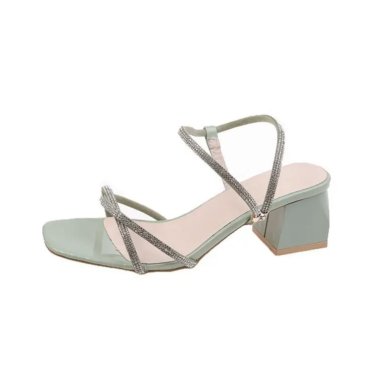 

Beige Heeled Sandals Female Shoe Large Size Slip-on Loafers Summer Women's Black Girls Rhinestone Clear Block Leather Big Elast