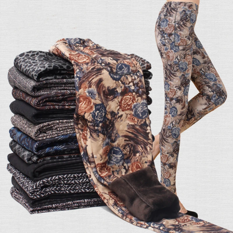 

Printed Leggings Fleece Lined Winter Plus Size Velvet Thickening Legging Winter Stretch Lady Pants Women Trouser Female Leggins