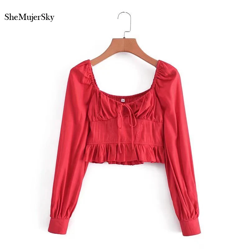 

SheMujerSky Women Long Sleeve Cropped Red Shirts 2021 Sexy Square Collar Ruffles Elastic Slim Tops Blouses