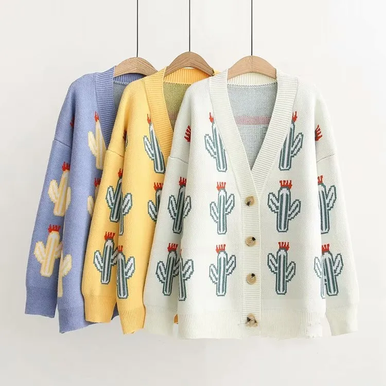 Свободный кардиган с рисунком кактуса и v-образным вырезом |