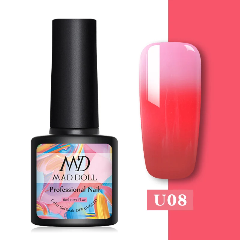 U08 MAD DOLL 1 бутылка 8 мл меняющий цвет УФ Гель-лак блестки термальный гель для ногтей отмачиваемый Гель-лак для нейл-арта лак 14 цветов - Цвет: U08