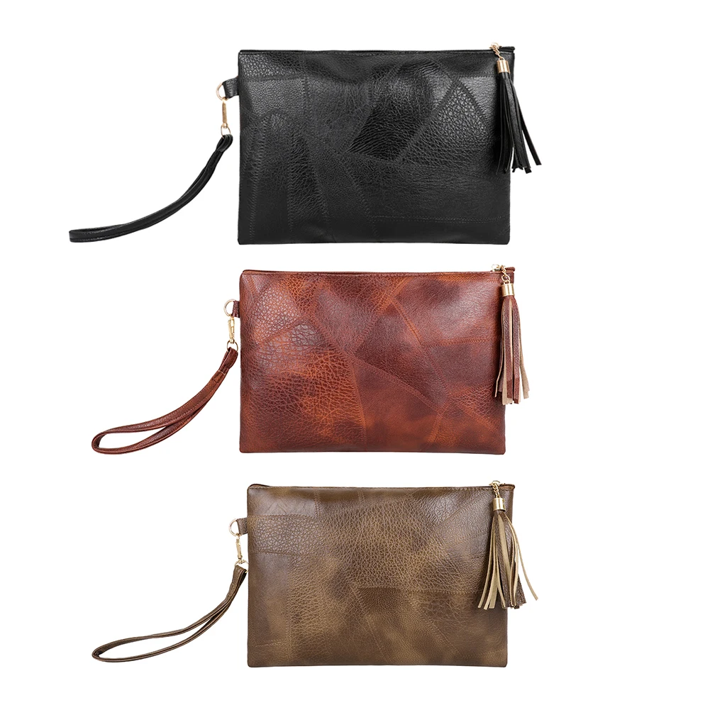 

Women's Clutches Bag Vintage Solid Color Envelope Bag Ladies PU Leather Tassel Wristlet Bags Female Casual Small Handbags Pouch