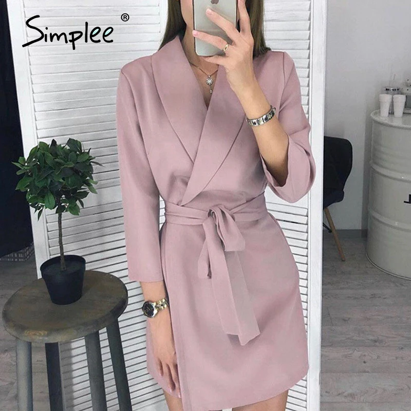 Simplee элегантное офисное платье с v образным вырезом размера плюс прочный пояс