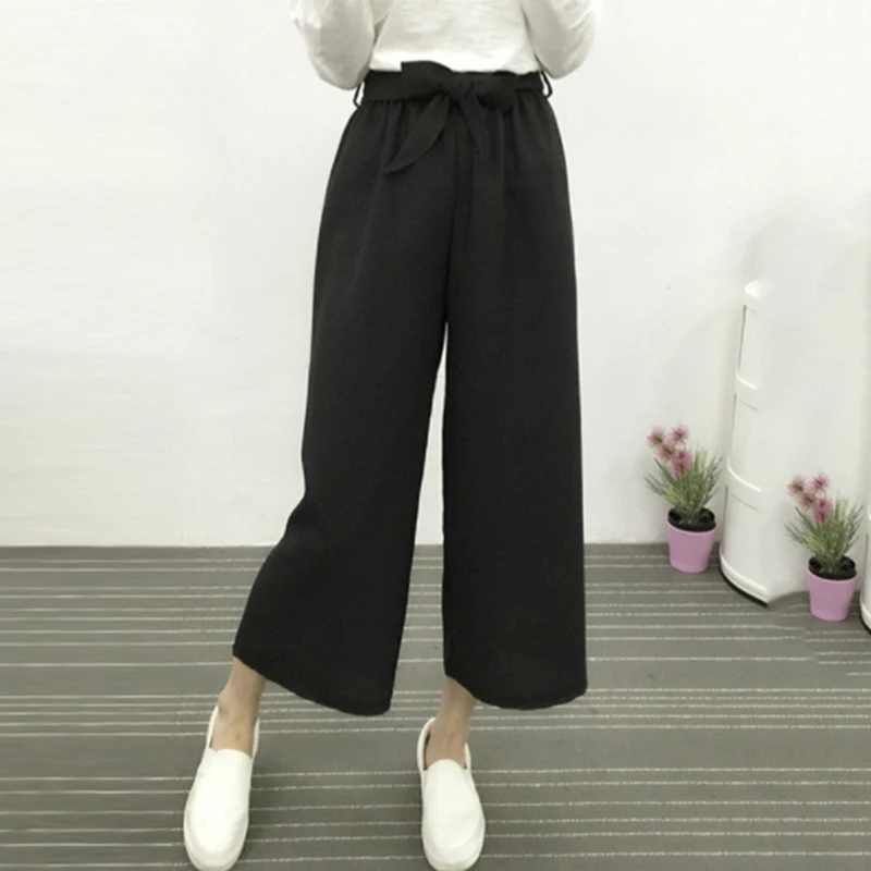 Женские брюки в полоску стильные черные свободные высокая талия укороченные