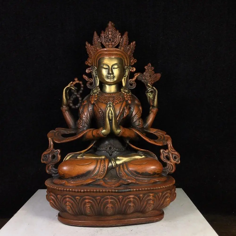 

8" Tibet Buddhism bronze gilt Real gold 4 arms Guanyin statue Avalokitasvara Buddha statue Avalokiteśvara Save the suffering