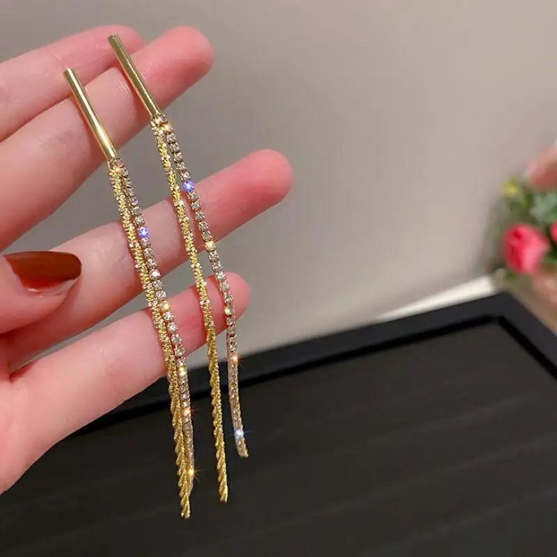 

New Korean Sweet Long Rhinestone Chain Tassel Earrings For Women Fashion Gold Color Hanging Dangle Drop Earrings For Girls Gifts