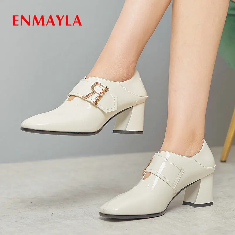 

ENMAYLA 2019 Slip-On Women Shoes Patent Leather Basic Square Heel Luxury Office & Career Square Toe Crystal Women Pumps 34-42