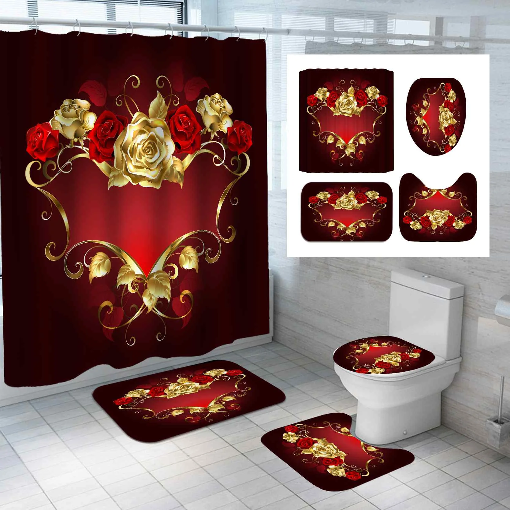 

Водонепроницаемая шторка для душа, 3D занавеска для ванной с рисунком роз, Противоскользящий коврик для ванной, ковер, крышка для туалета, до...