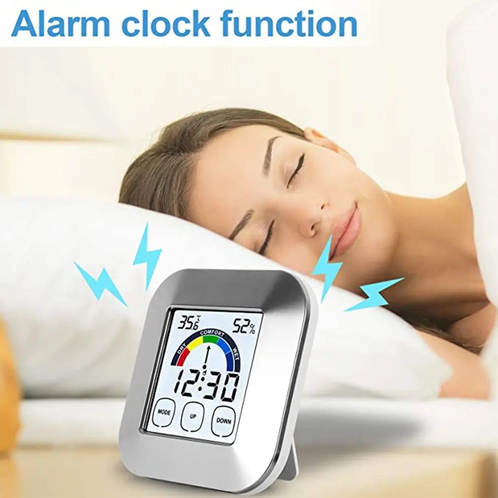 

Монитор влажности с большим сенсорным ЖК-экраном и подсветкой, цифровой термометр с переключением 12/24 часа, Громкий будильник