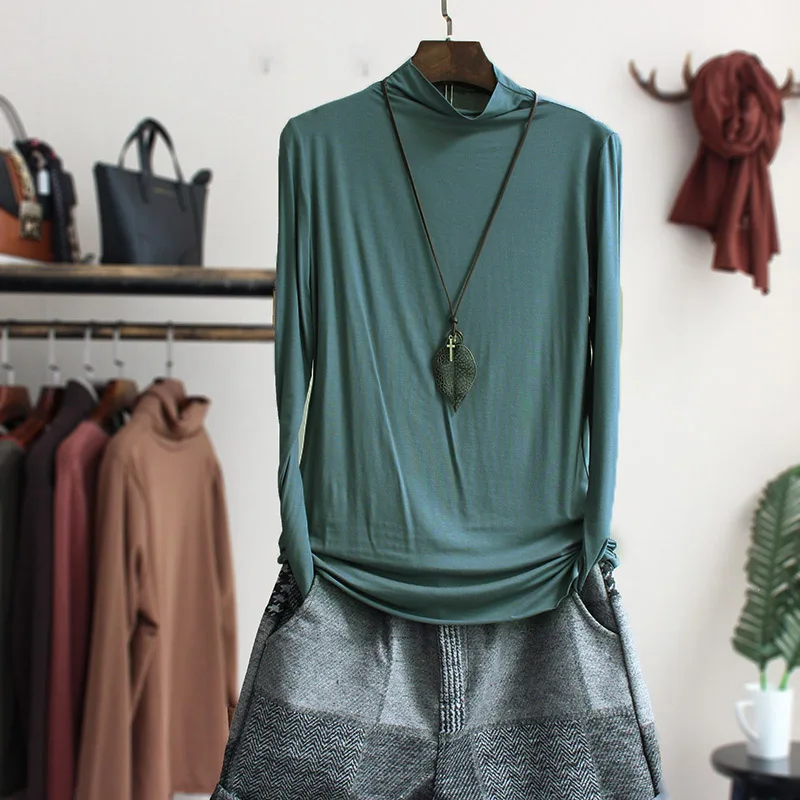 

Modal Women T-shirts 2021 Summer New Solid Turtleneck Slim High Elastic Bottoming Top Tees Lady Elegant Outwear Tops