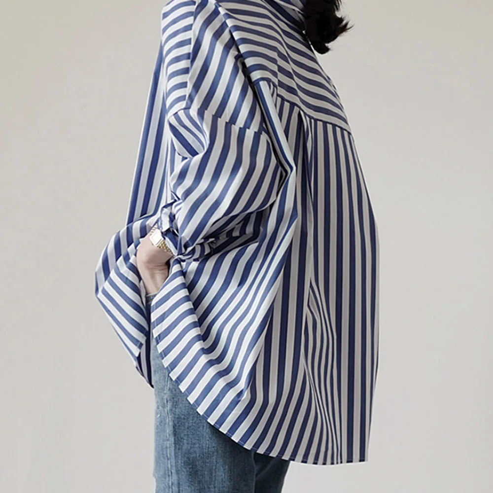

Blouse 2021 Japanese Style Loose Thin Wild Vertical Striped Long-sleeved Shirt Women New Tops Fashion Casual Lapel Loose