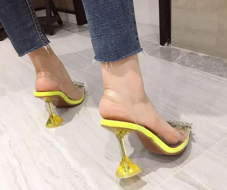 New style slippers with 7CM women flip flop rhinestone pointed transparent heel fashion wild durable sandals | Обувь