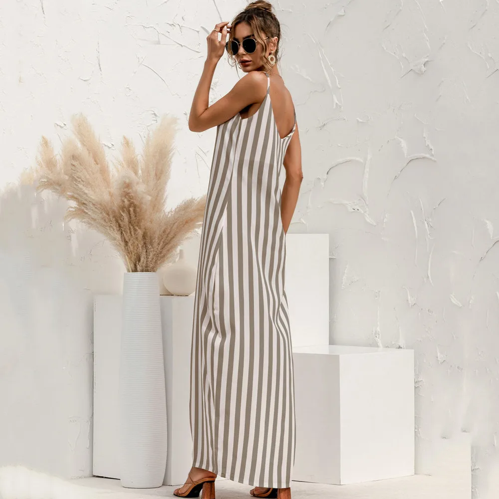 

2021 Spring And Summer Suspenders Striped Backless Loose Big Swing Beach Dress Women Fashion Off Shoulder Sleeveless Long Dress