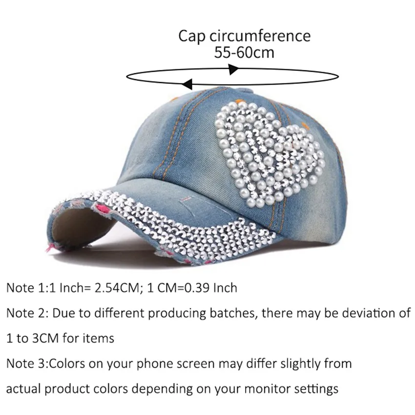 JNKET New Fashion Women Denim Baseball Cap Heart-shaped Diamonds Hip Hop Caps Sunhat Snapbacks Hats Gorras Baseball Casquette