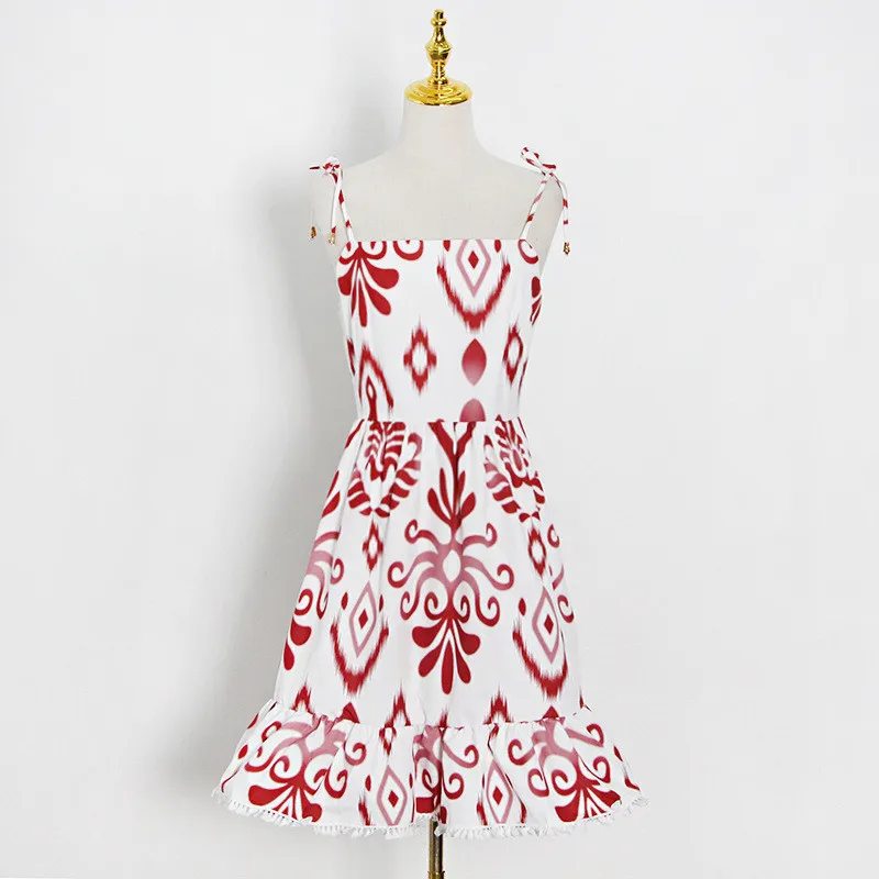 

2021 New Fashion Summer Dress Women Spaghetti Strap Backless Sleeveless Floral Print Ruffles Tassel Beach Mini Dress