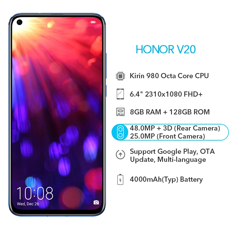 Google Play Honor V20 128 ГБ 256 ГБ NFC 48MP+ 25MP камера Kirin 980 6," Fullview дисплей просмотр 20 супер зарядка мобильный телефон