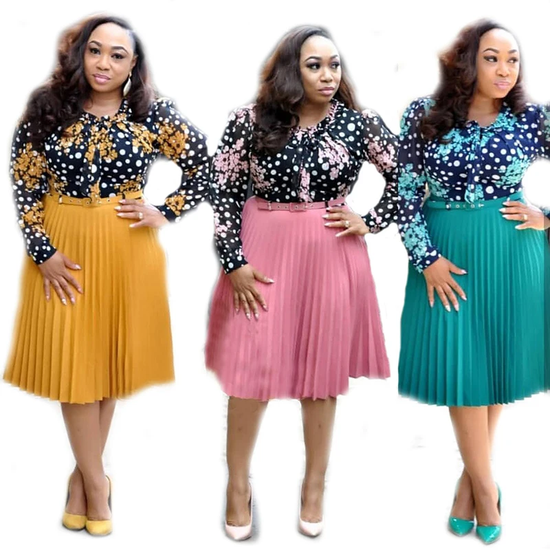 

Женское офисное платье длиной до колена из африканского шифона с цветочным рисунком, контрастное плиссированное платье трапециевидной фор...