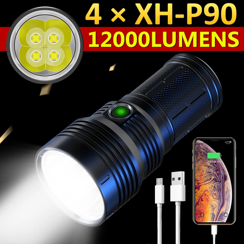 

4 * XHP90 мощный светодиодный фонарик для охоты на открытом воздухе со встроенным 18650 USB-зарядкой лм мощный фонарь для кемпинга тактический фона...