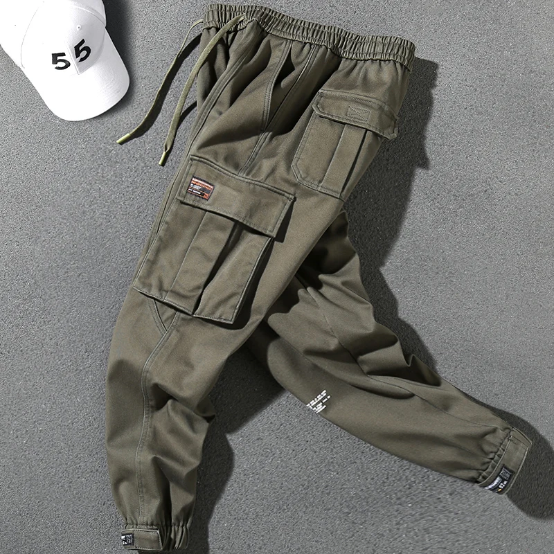 Fleece-Lined Thick Overalls Men's Loose plus Size Fashion Brand Casual Pants Handsome Army Green Ankle-Tied Trousers Letter