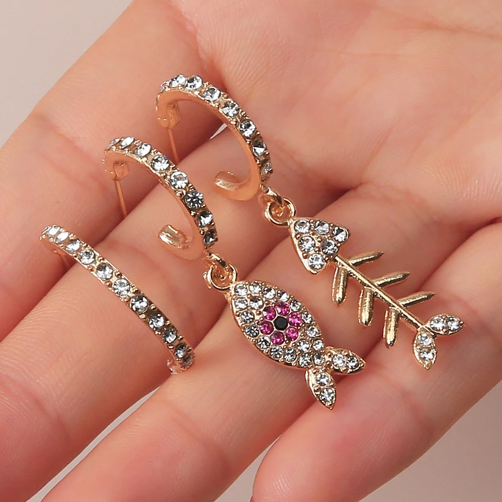 Серьги-подвески JEWDY Boho Fishbone 3 шт./компл. Стразы серьги-подвески в виде рыбы