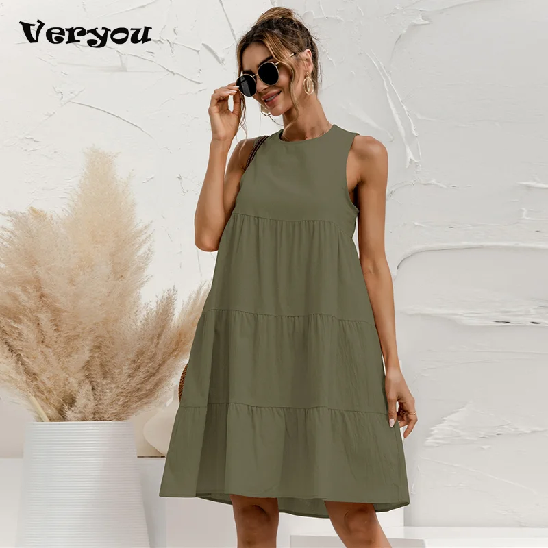 

2021 Summer Women Vest Dress Cotton O-neck Sleeveless Solid Midi Dress Stitching Large Swing Casual Loose Dress Vestido Sundress