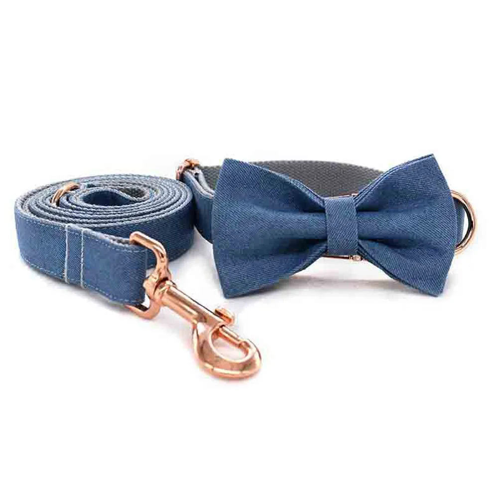 

Denim & Cotton Webbing Dog Collar with Bow Tie Removable Dog Cat Collar and Leash Set for Small Medium Large Dogs Pet Products