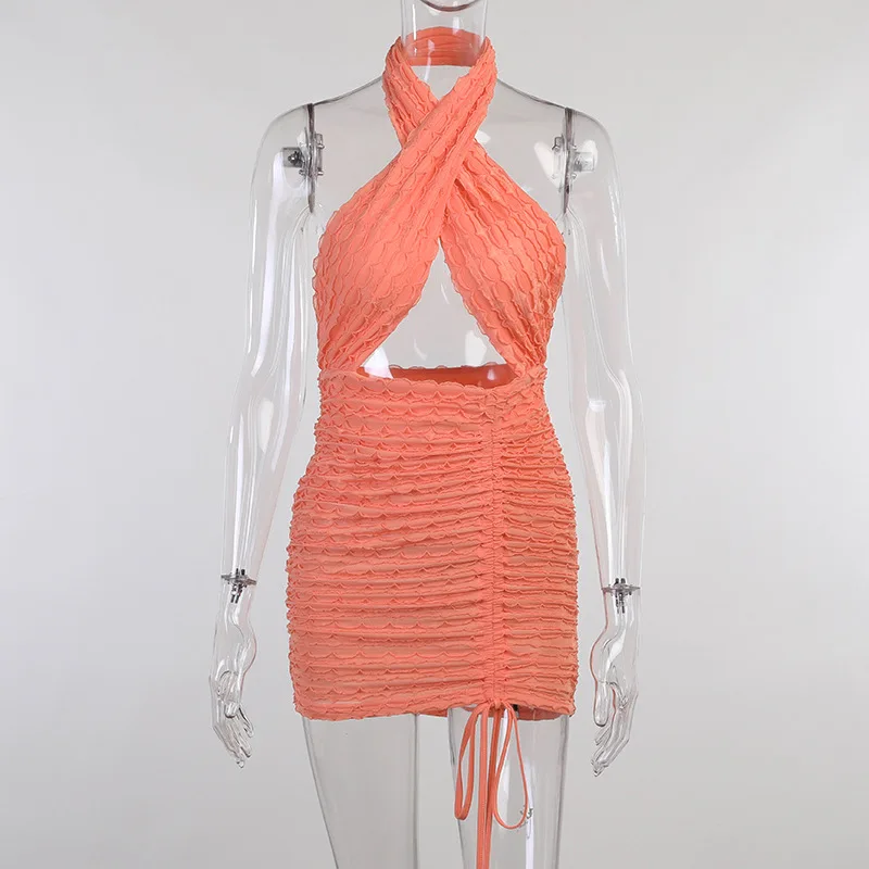 

New Sexy Hollow Out Bodycon Dress Women Fashion Side Drawstring Bandage Mini Dress Sleevless Backless Solid Slim Dress
