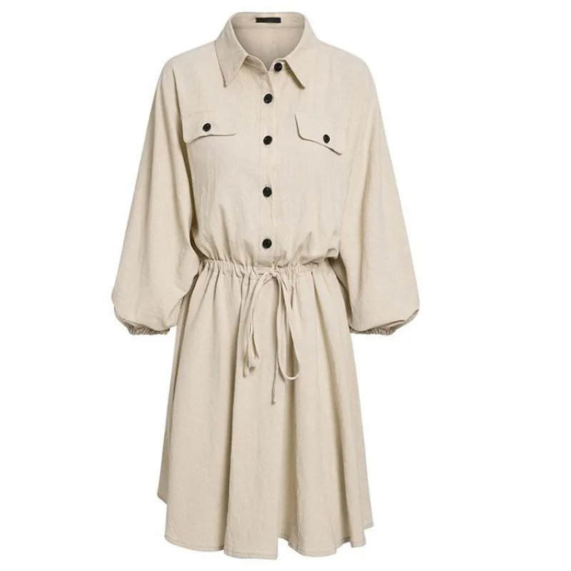 Льняное платье рубашка юбка женская с длинным рукавом Кнопка хлопковый фонарь