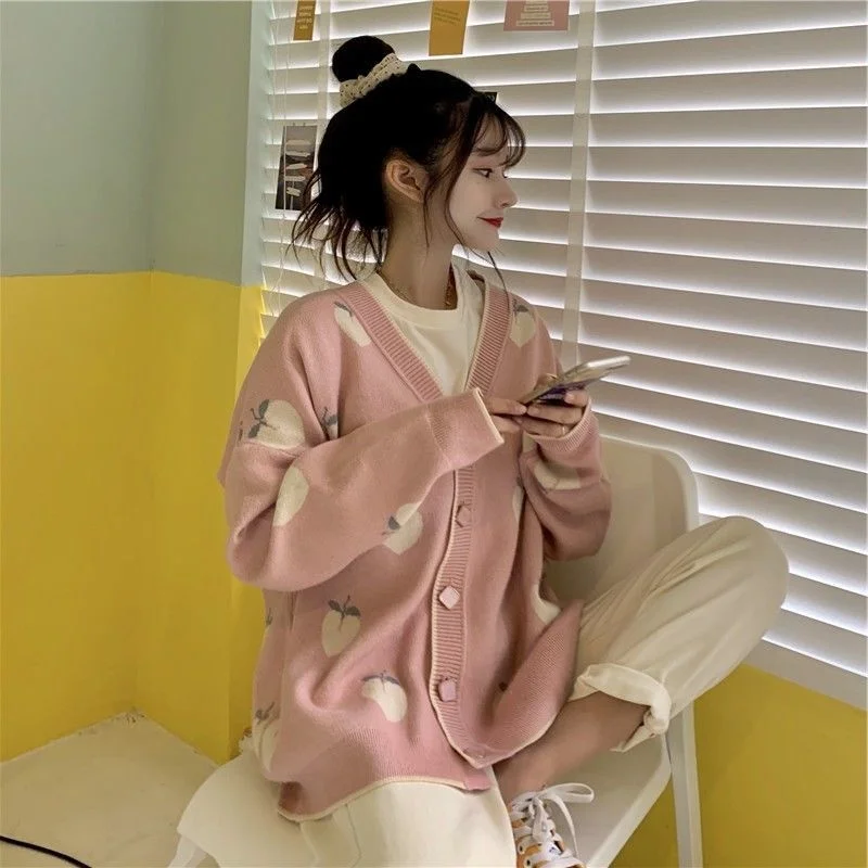 

Womens Cardigans Sweaters V-neck Single Breasted Floral Casual Loose Korean Sweet Students Knitting Outerwear