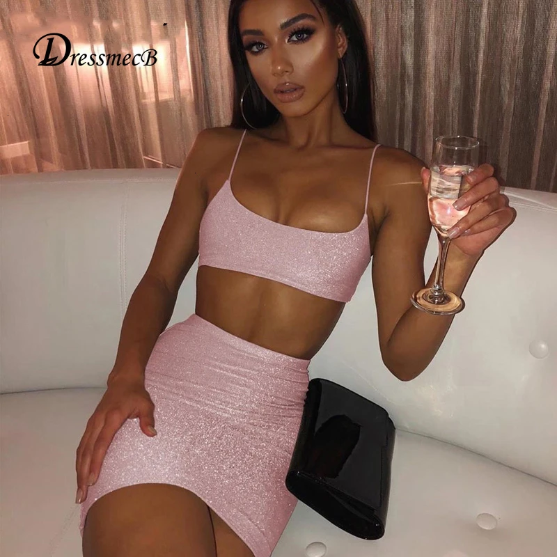 Dressmecb Блестящий летний сексуальный комплект из двух предметов для женщин без