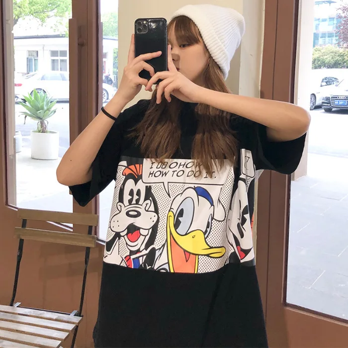 

New Cartoon Cotton Summer Mickey Mouse and Friends Loose Mid-length Women T-shirt Harajuku Shirt Korean Clothes Womens Clothing