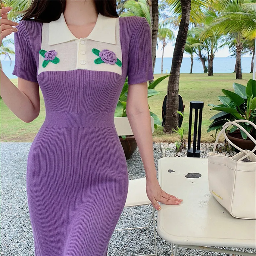 

French Style Elegant Dress Women Short Sleeve Floral Long Knitted Dress High Quality Fashion Designer Dress Vestidos