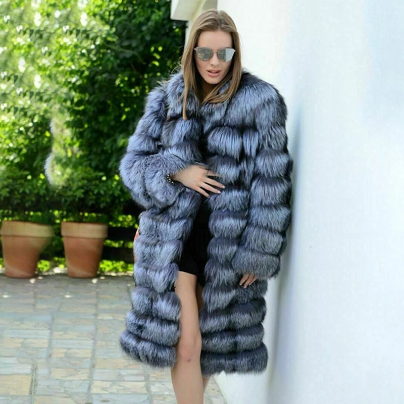 2022 New Winter Long Real Silevr Fox Fur Coat Stand Collar High Quality Full Pelt Natural Fox Fur Coat Woman Luxury Outfit Fur