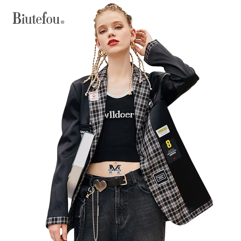 Весна-Осень 2020 клетчатые Куртки модные женские блейзеры с вышивкой | Женская