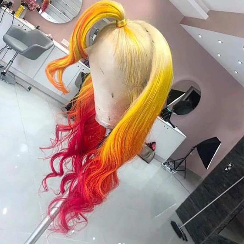 Парик на сетке Красный с желтыми человеческими волосами волнистые 613 цветов