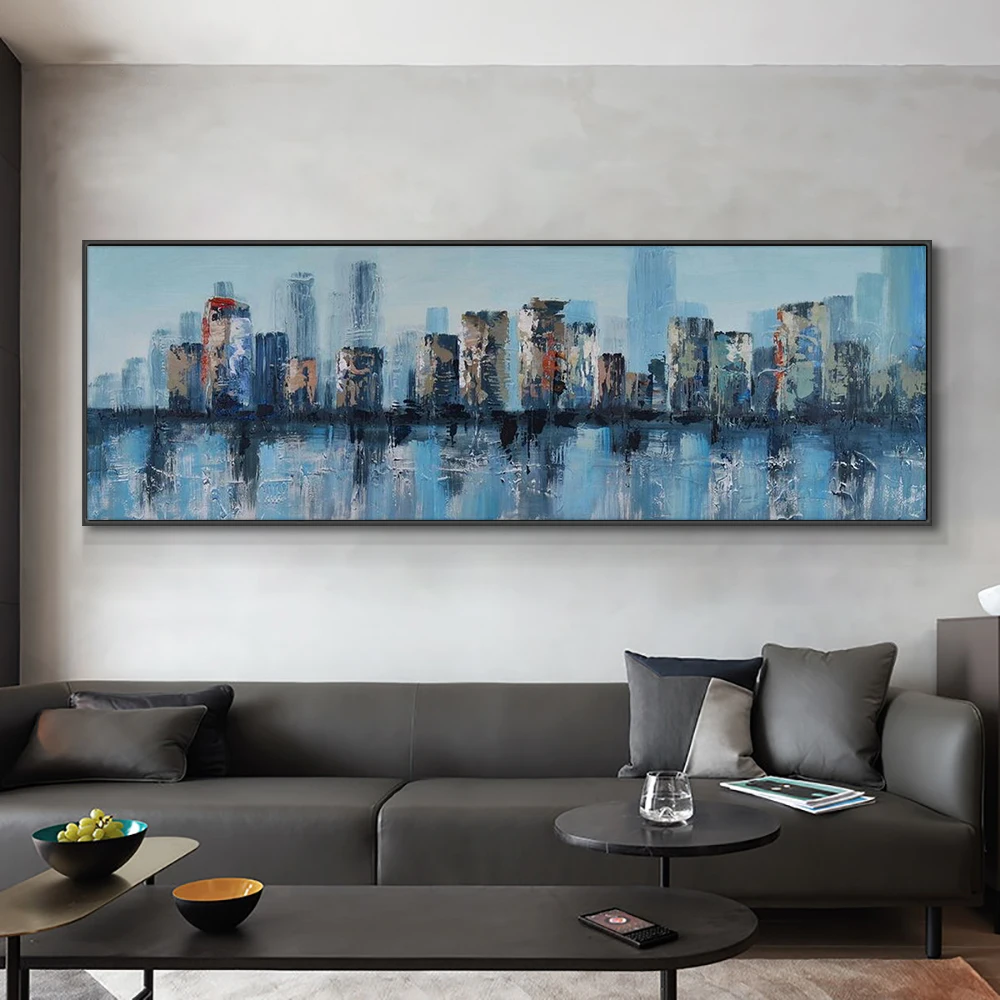 

Large Size Blue Painting 100% Hand Painted Abstract Building Oil Painting On Canvas Modern Wall Art Painting For Home Decoration