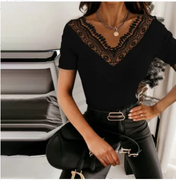 

Solid Color Lace Short-sleeved Top 2021 Summer Top Sexy Sleeve Style Sleeve Length(cm) Collar Clothing Length Fit Type Age