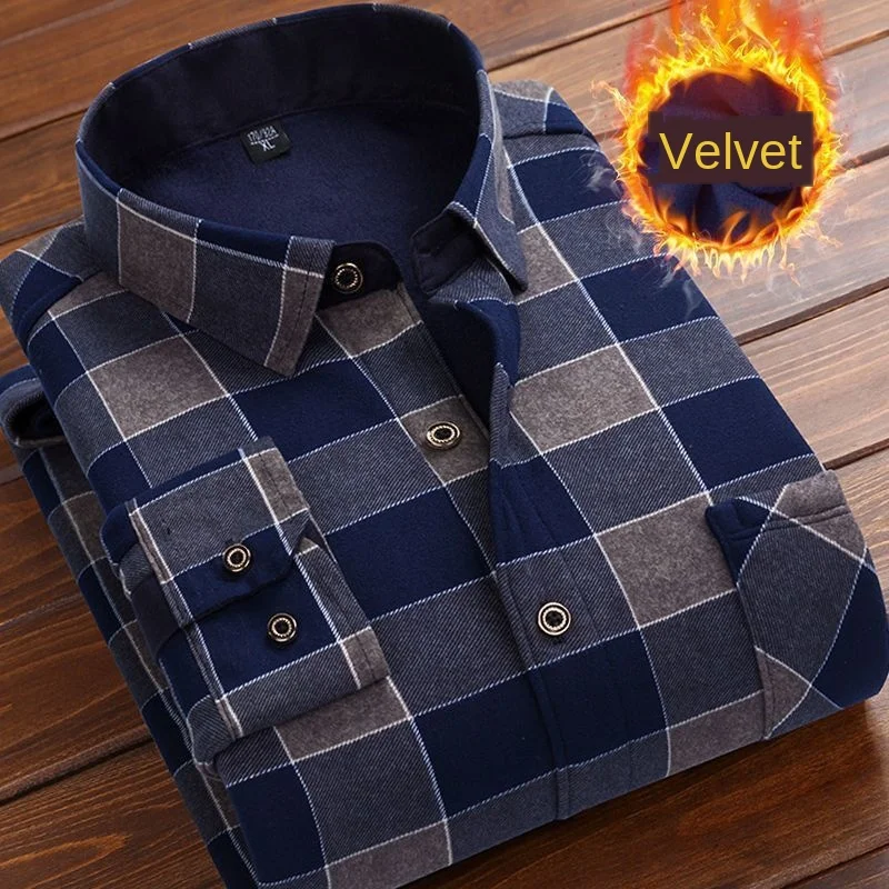 Autumn Winter Men Fleece Warm thermo Shirt Male Fashion Print Long sleeve big size thermal shirt Thick warm Plaid shirt L-6XL