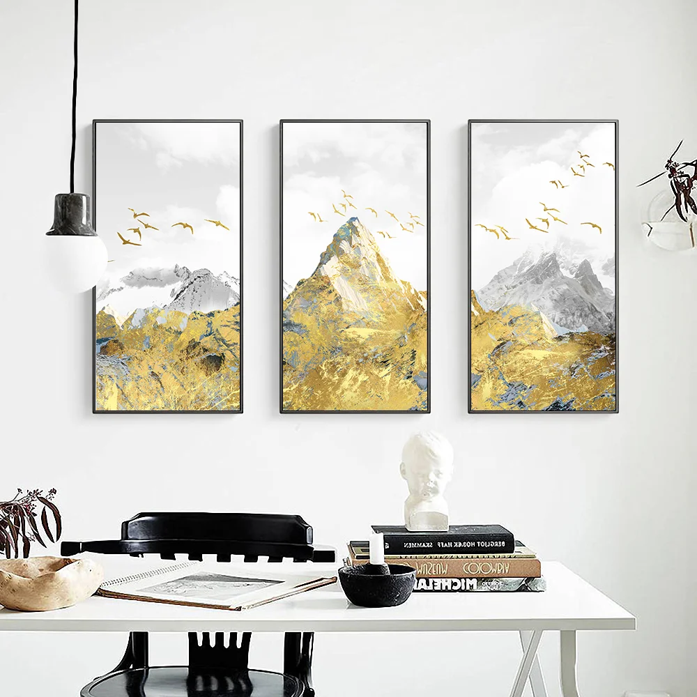 Abstract gold foil snowmountain Birds Wall art print on canvas Modern Painting Golden poster Pictures for Living Room Home Decor | Дом и сад