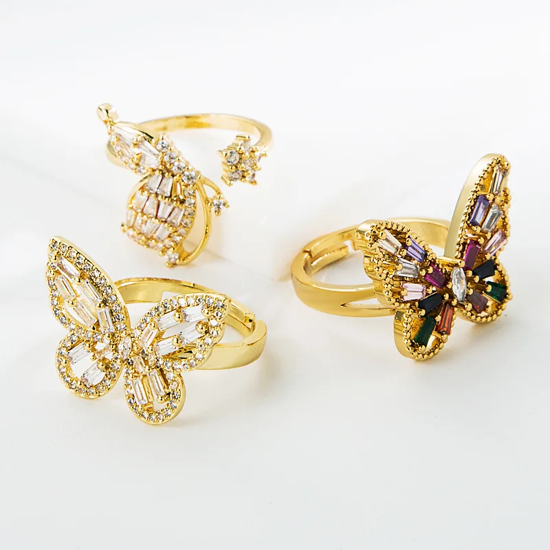 

Fashion exaggerated copper micro-inlaid zircon color butterfly ring for women gold open ring engagement wedding party jewelry