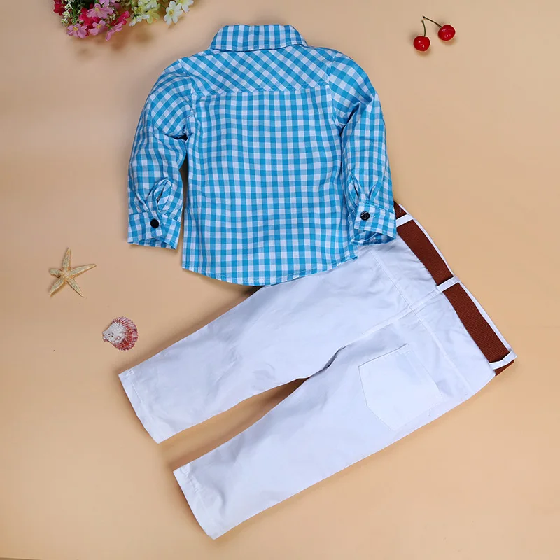 Conjuntos para ni&ntilde;os, camisas a cuadros de manga larga a la moda, Pantalones blancos y cintur&oacute;n, 3 piezas, triangulaci&oacute;n de env&iacute;os-2