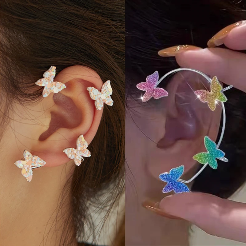 

New Silver Plated Metal Butterfly Ear Clips Without Piercing For Women Sparkling Zircon Ear Cuff Clip Earrings Wedding Jewelry