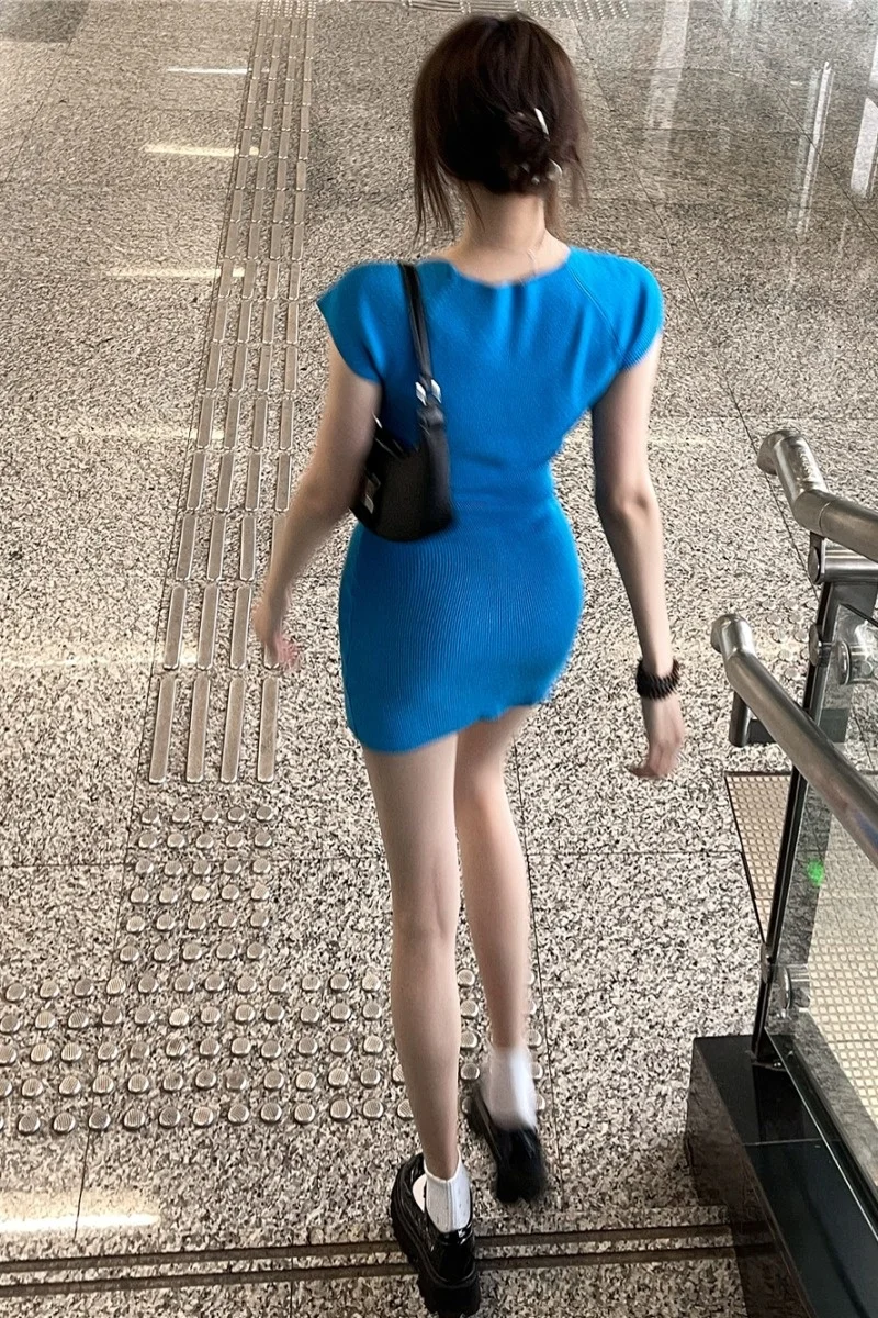 Синее трикотажное платье для девушек в Корейском стиле | Женская одежда