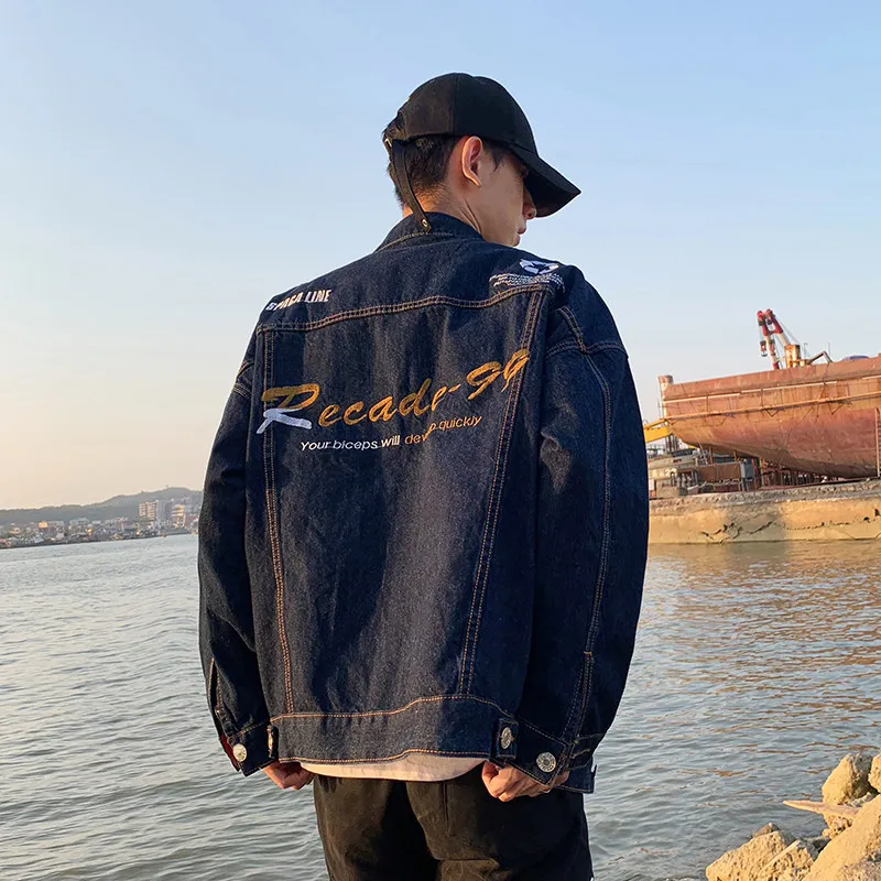 

Autumn and winter 2021 new teenagers casual denim jacket men's Japanese brand printing men's plus size 5XL embroidery coat