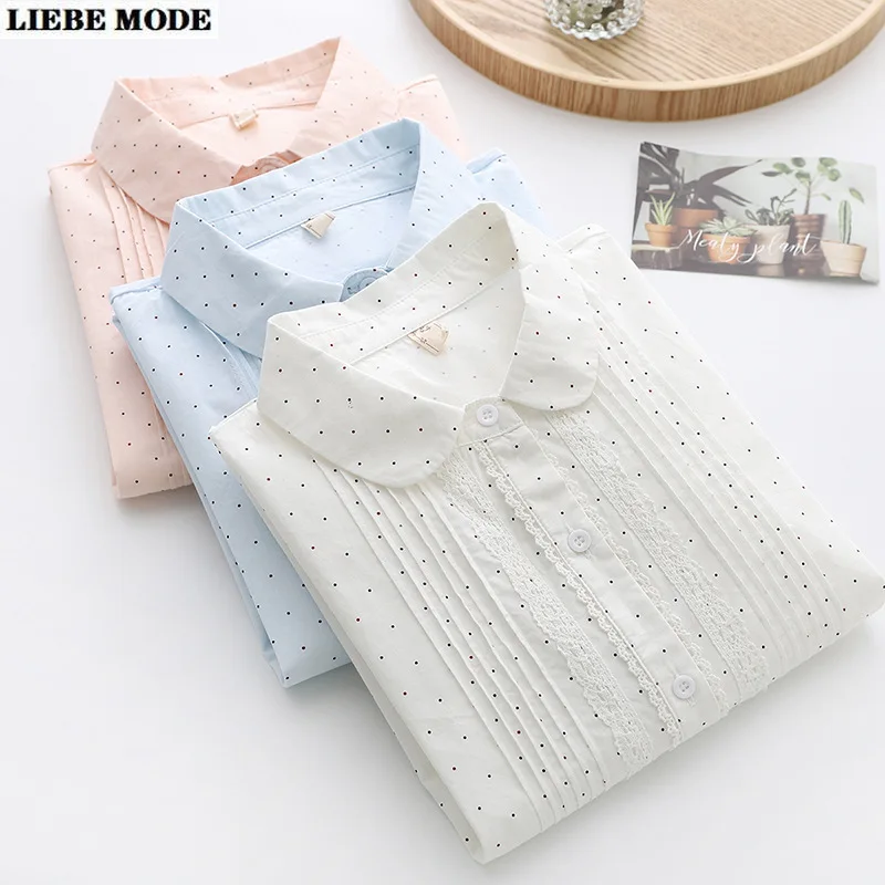 

Womens Pink Blue White Long Sleeve Tops and Blouses Ladies Stylish Elegant Polka Lapel Turn Down Loose Shirts Tops Blouese